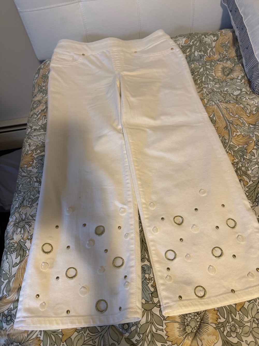 Chico's White Wide Leg Jeans with Gold and Clear Embellishments